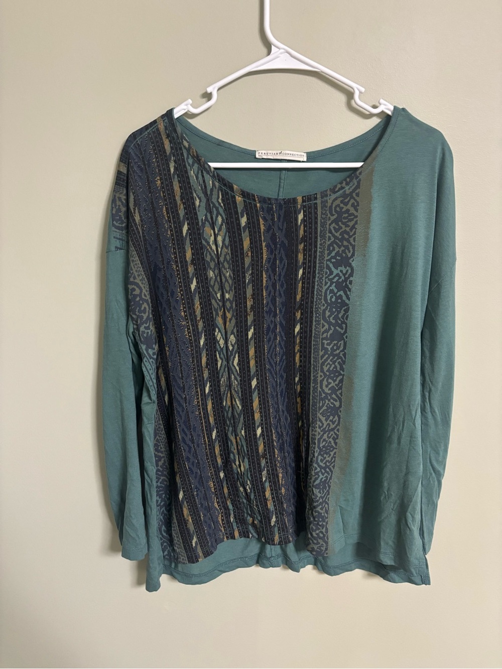 Peruvian Connection Size Large Teal Aztec Pattern Graphic Long Sleeve Knit Top